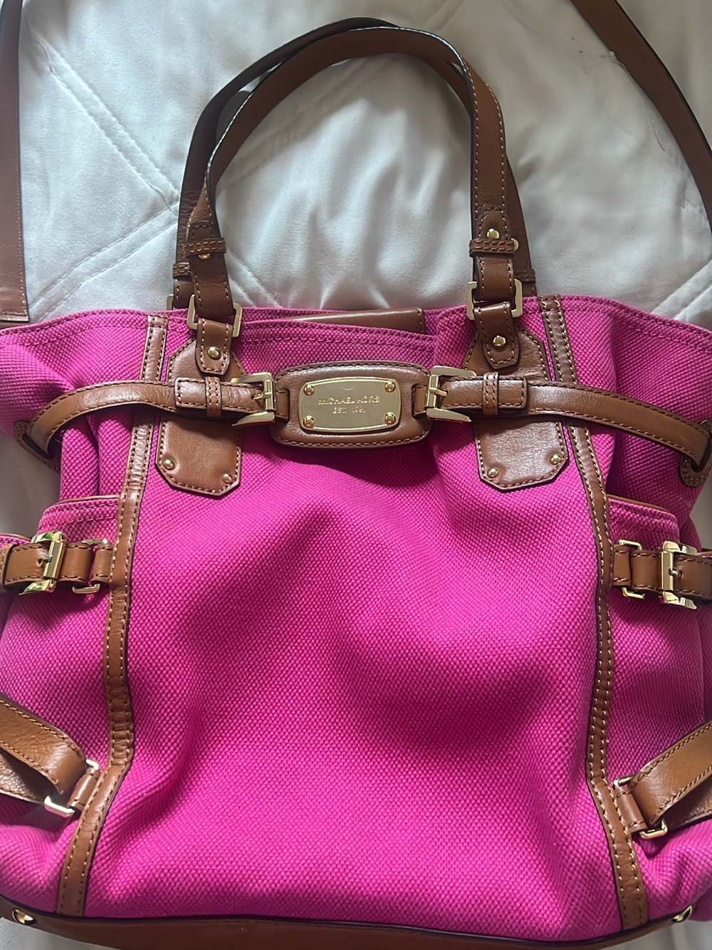 Michael Kors Bright Pink Canvas Tote with Brown Leather Trim